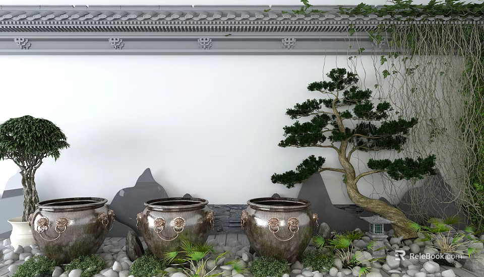 Chinese Garden Ornaments With Decorative Ceramic Pots Pine Tree Rockery Pebbles And Greenery 3d model 
