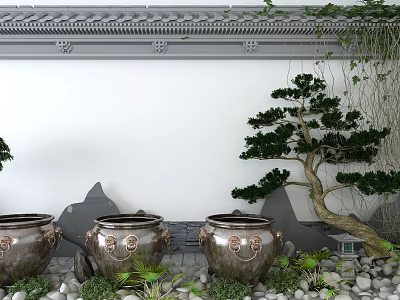 Chinese Garden Ornaments With Decorative Ceramic Pots Pine Tree Rockery Pebbles And Greenery 3d model
