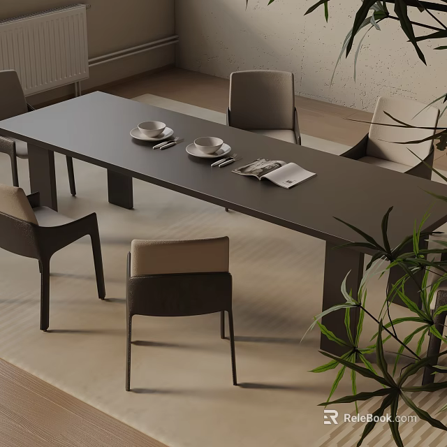 Modern Dining Table Set With Beige Chairs And Simple Tableware For Home 3d model 