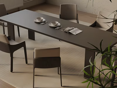 Modern Dining Table Set With Beige Chairs And Simple Tableware For Home 3d model