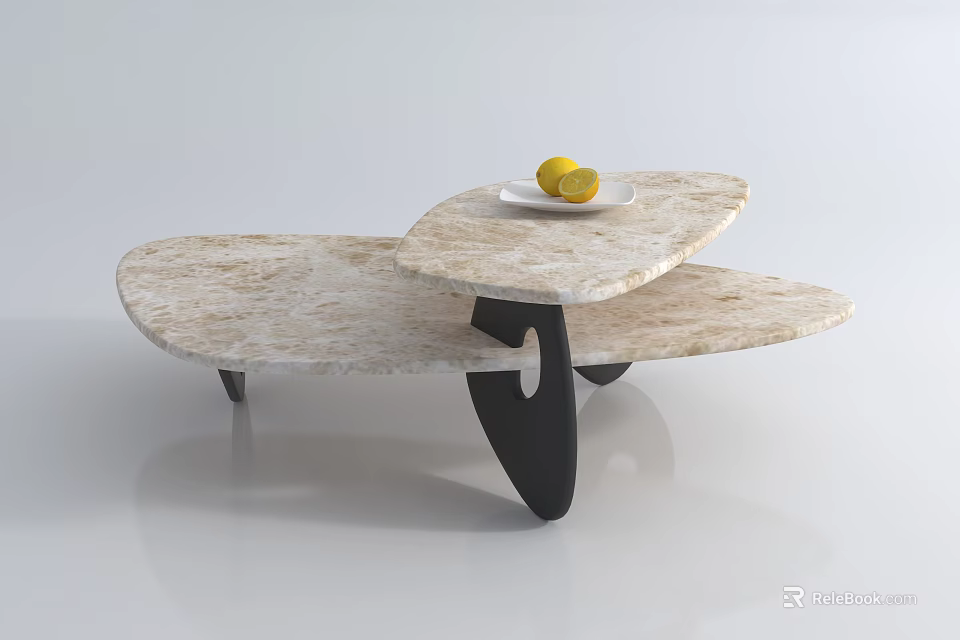 Irregular Shape Marble Coffee Table With Black Base And White Plate With Lemons 3d model