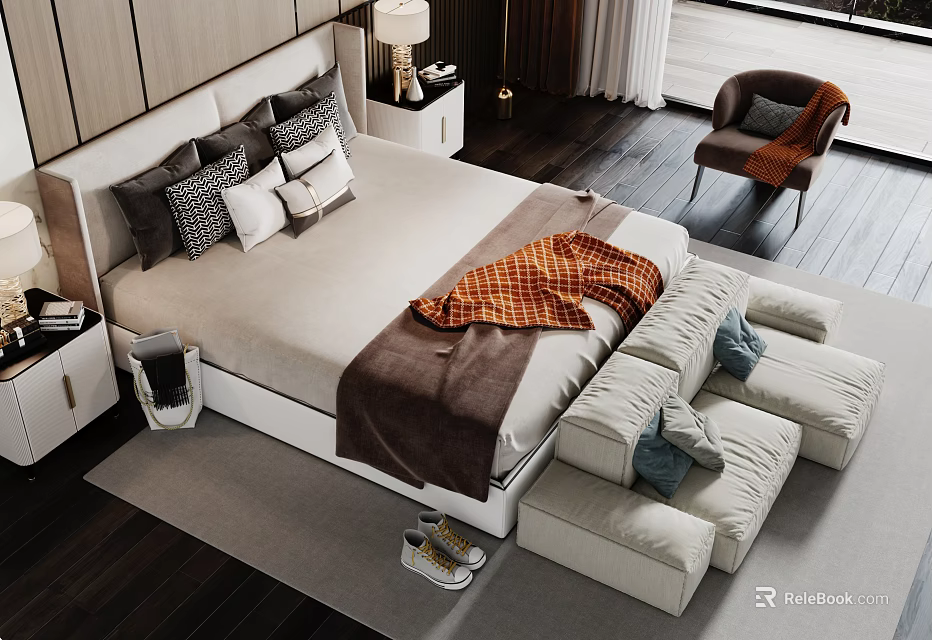 Modern Double Bed Interior With Plaid Blanket Pillows Bedside Table And Armchair 3d model 