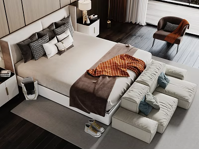 Modern Double Bed Interior With Plaid Blanket Pillows Bedside Table And Armchair 3d model
