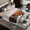 Modern Double Bed Interior With Plaid Blanket Pillows Bedside Table And Armchair 3d model