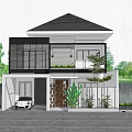 Modern Detached Villa Exterior Design With Two Story Glass Windows White Car And Green Plants
