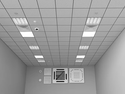 Modern Grid Ceiling Design With Recessed Lights Ventilation Grilles And Equipment Panels 3d model