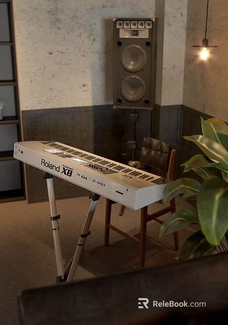 Roland XB Electronic Musical Keyboard In Studio With Chair Plant And Audio Gear 3d model 