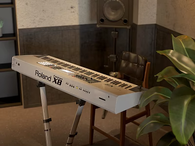 Roland XB Electronic Musical Keyboard In Studio With Chair Plant And Audio Gear 3d model