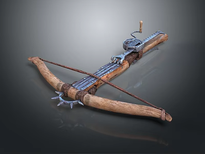 Classic Crossbow Weapon Featuring Wooden Arms Metal Components And Mechanical Structure 3d model