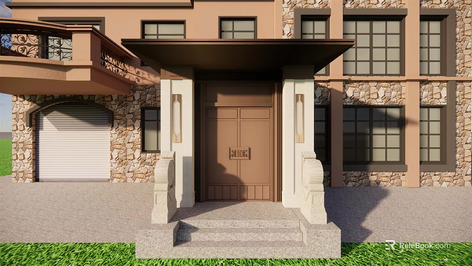 Detached Villa Exterior Design With Brown Double Doors Stone Walls Front Porch And Green Lawn 3d model 