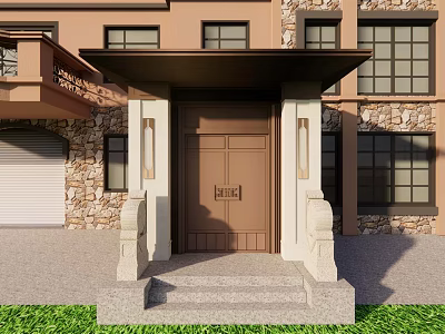 Detached Villa Exterior Design With Brown Double Doors Stone Walls Front Porch And Green Lawn 3d model