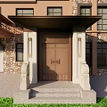 Detached Villa Exterior Design With Brown Double Doors Stone Walls Front Porch And Green Lawn