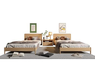 Single Beds With Modern Wooden Frame Nightstand Lamp Decorative Artworks And Soft Bedding On Rug 3d model
