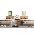 Single Beds With Modern Wooden Frame Nightstand Lamp Decorative Artworks And Soft Bedding On Rug