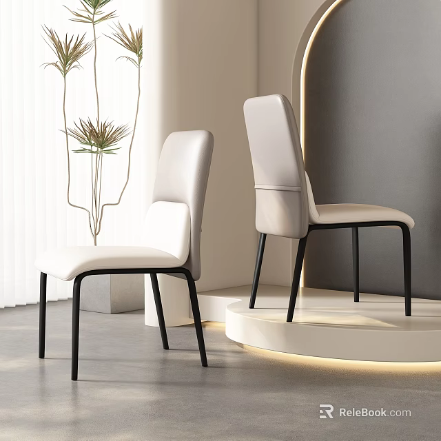 Modern Light Dining Chairs With Black Legs In Contemporary Interior With Curtain And Green Plants 3d model 