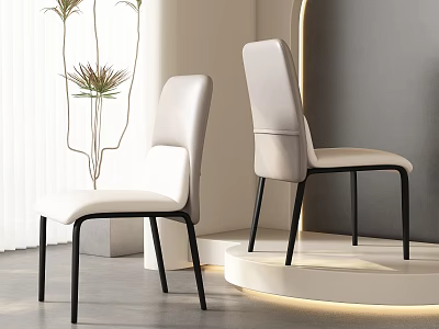 Modern Light Dining Chairs With Black Legs In Contemporary Interior With Curtain And Green Plants 3d model