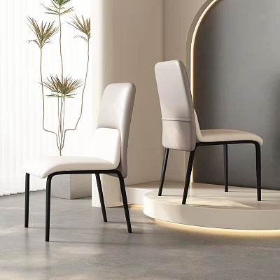 Modern Light Dining Chairs With Black Legs In Contemporary Interior With Curtain And Green Plants 3d model