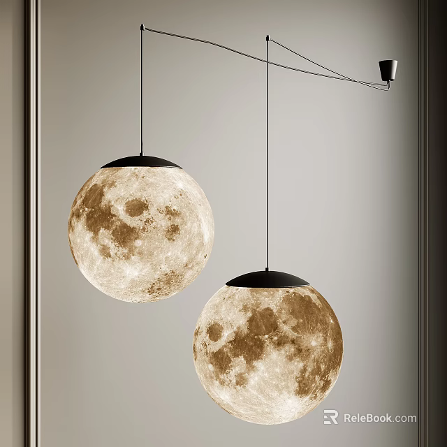 Two Modern Spherical Pendant Lights With Moon Surface Texture And Black Rim Hanging In Interior 3d model 
