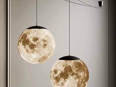 Two Modern Spherical Pendant Lights With Moon Surface Texture And Black Rim Hanging In Interior 3d model