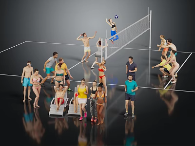 Group of People Playing Volleyball on Court With Others Relaxing and Watching 3d model