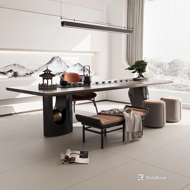 Modern Chinese Tea Table And Chairs With Landscape Painting And Tea Set Decor 3d model 