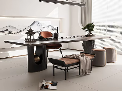 Modern Chinese Tea Table And Chairs With Landscape Painting And Tea Set Decor 3d model