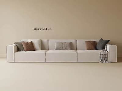 Modern Beige Three Seater Sofa With Mixed Color Cushions And Checkered Blanket 3d model