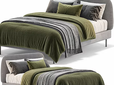 Modern Double Bed With Gray Headboard Green Bedding Pillows And Striped Blanket 3d model