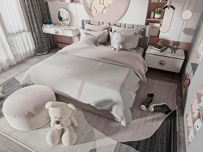 Soft Pastel Pink Kids Bed With Plush Teddy Bear Bedside Table And Cozy Carpet 3d model
