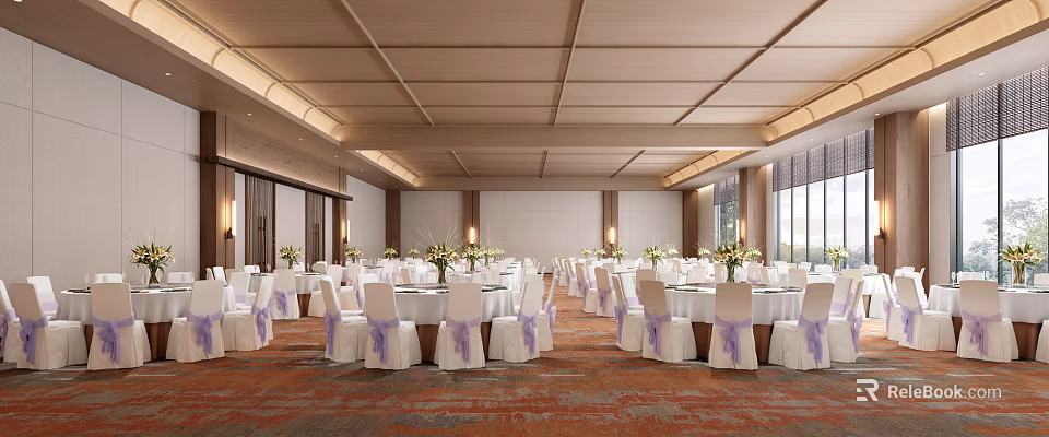 Elegant Banquet Hall With White Tablecloths Purple Chair Sashes Flower Arrangements And Red Brown Carpet 3d model 