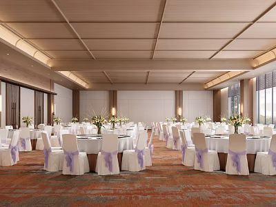 Elegant Banquet Hall With White Tablecloths Purple Chair Sashes Flower Arrangements And Red Brown Carpet 3d model