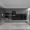 Modern Kitchen With Stainless Steel Appliances Gray Cabinets Built in Ovens Spacious Layout Large Windows