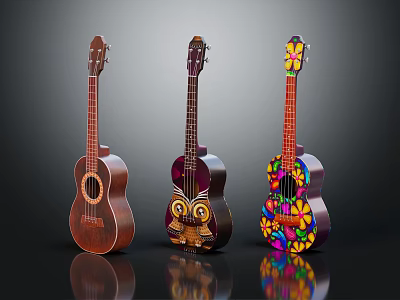 Artistically Painted Ukuleles Featuring Wooden Body Owl Art and Colorful Flower Patterns 3d model
