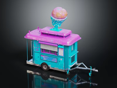 Colorful Pink And Blue Ice Cream Cart With Delicious Ice Cream Cone On Top 3d model