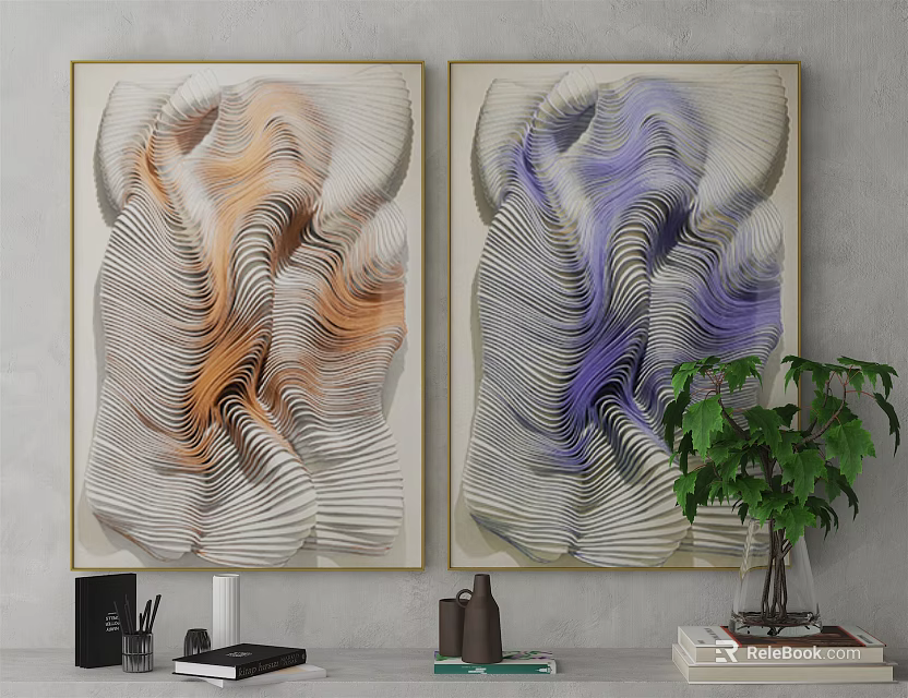 Two Gold Framed Abstract Paintings With Orange And Purple Wavy Lines For Wall Decor 3d model 