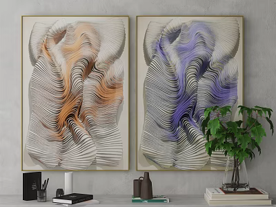 Two Gold Framed Abstract Paintings With Orange And Purple Wavy Lines For Wall Decor 3d model