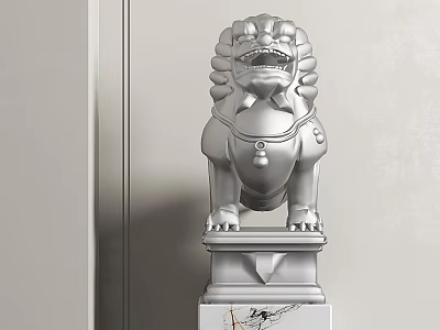 Traditional Silver Metal Lion Sculpture With Marble Base And Intricate Design 3d model