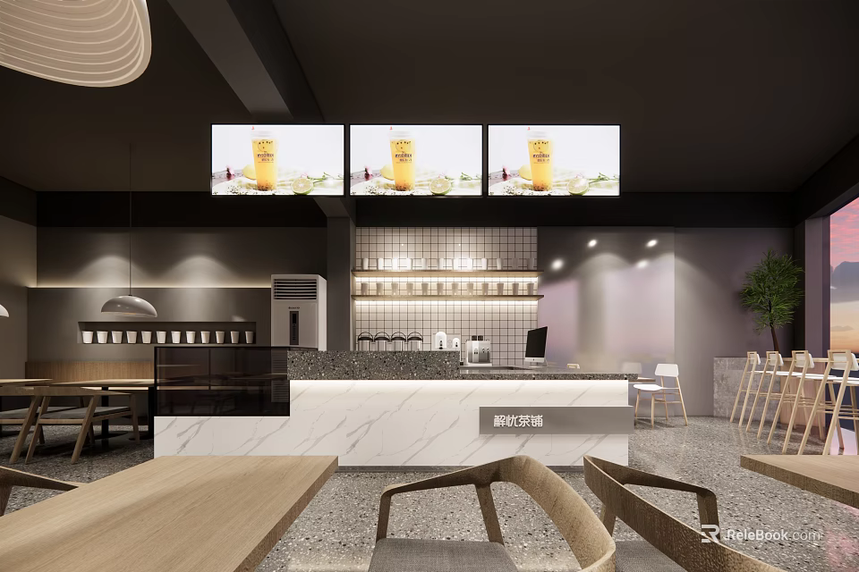 Modern Bubble Tea Shop Interior With Counter Seating And Fresh Drink Displays 3d model 