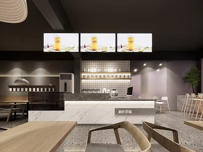Modern Bubble Tea Shop Interior With Counter Seating And Fresh Drink Displays 3d model