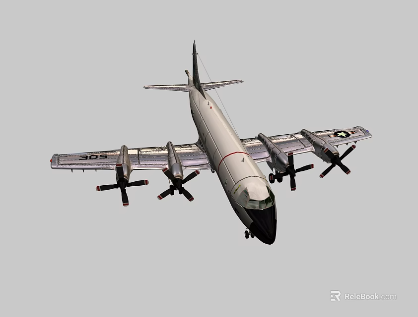 Classic Passenger Aircraft With Four Propeller Engines White Body And Red Stripe 3d model 