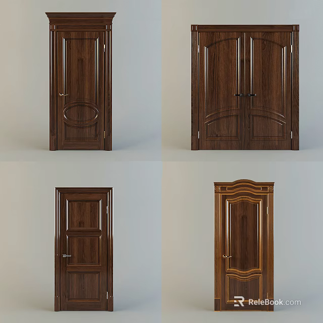 Solid Wood Hinged Doors With Various Designs Single Double Panels And Classic Style 3d model