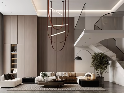 Modern Living Dining Room Interior With Wooden Walls Chandelier Sofa Plant And Staircase 3d model