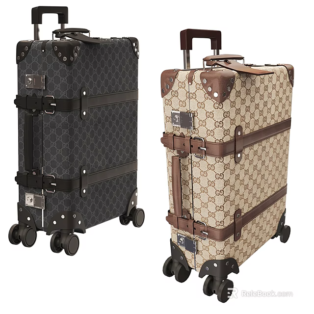 Stylish Patterned Suitcases with Dark and Beige Designs Leather Straps Metal Buckles and Rolling Wheels 3d model 