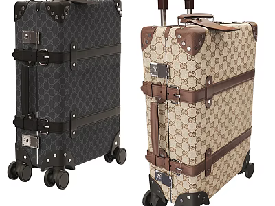Stylish Patterned Suitcases with Dark and Beige Designs Leather Straps Metal Buckles and Rolling Wheels 3d model