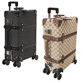 Stylish Patterned Suitcases with Dark and Beige Designs Leather Straps Metal Buckles and Rolling Wheels