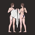 Woman Front And Back View Holding White Towel In Blue Bikini Standing Pose
