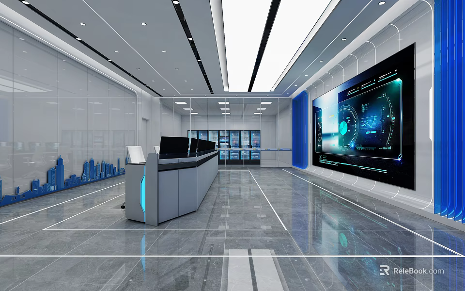 Modern Service Hall Interior Design With Large Digital Screen And Spacious Counter 3d model 