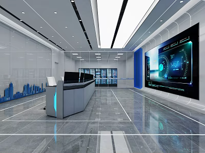 Modern Service Hall Interior Design With Large Digital Screen And Spacious Counter 3d model