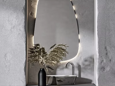 Modern Washbasin Interior With Illuminated Mirror And Dried Plant Decor 3d model