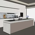 Modern Kitchen With White Cabinets Island Countertop Oven Coffee Maker Large Window And Decorative Flowers